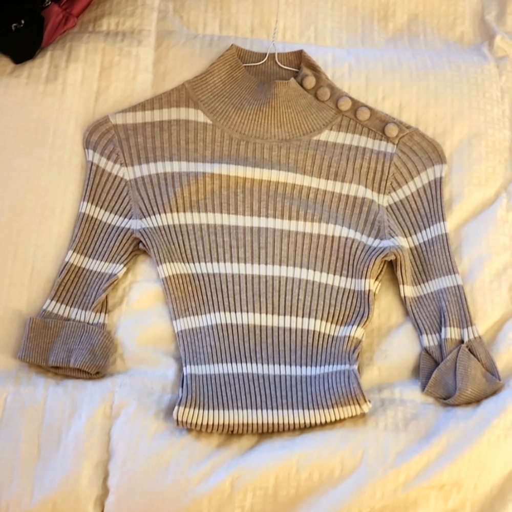 Beige & White Striped Turtle Neck